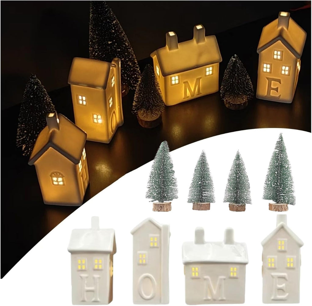 4PCS Christmas Village Set Ceramic Christmas House with LED Lights and Trees for Tabletop Christmas Ornament for Boys and Girls