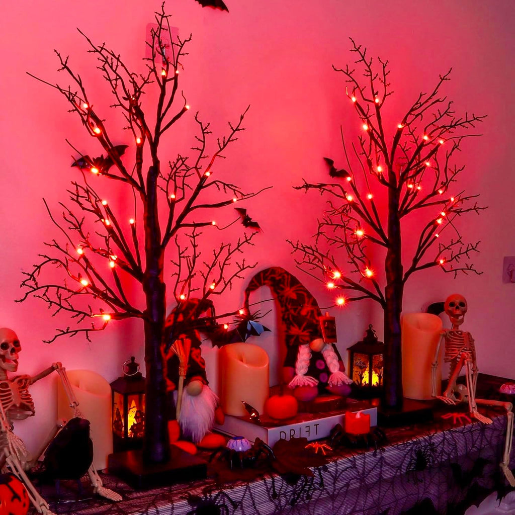Halloween Decorations Indoor 2 Pack 24 Inch Black Halloween Tree with 24 Orange Red Lights, Timer/USB/Battery Operated Tabletop Lighted Spooky Tree for Halloween Table Decor Home Indoor Office
