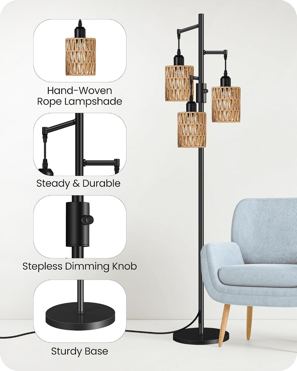 Dimmable Floor Lamp, Farmhouse Tall Standing 70.3" Tree Lamp with 3 Rope Woven Lampshades, Boho Rattan Floor Lights, 4W 3 LED Bulbs Included, for Living Room, Bedroom, Study, Office B03LD05