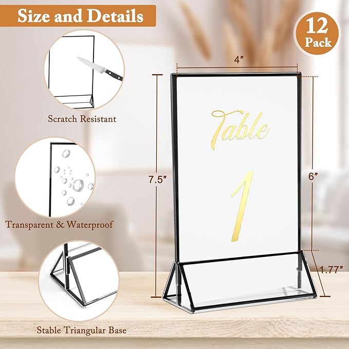 Floroom 12 Pack 4x6 Inch Clear Acrylic Sign Holders, Double-Sided Black Display Stand Picture Frames for Table Numbers, Menus, Flyers, Weddings, and Offices