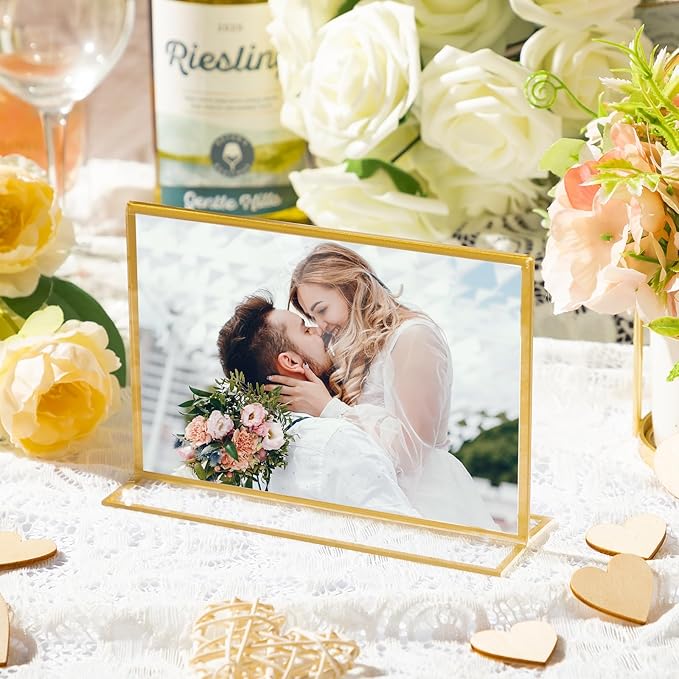 Hoteam 24 Pack 6 x 4 Clear Acrylic Sign Holder with Gold Borders, Gold Picture Frame, Double Sided Wedding Table Number, Acrylic Menu Stands for Wedding Table, Restaurant Sign, Photos Display