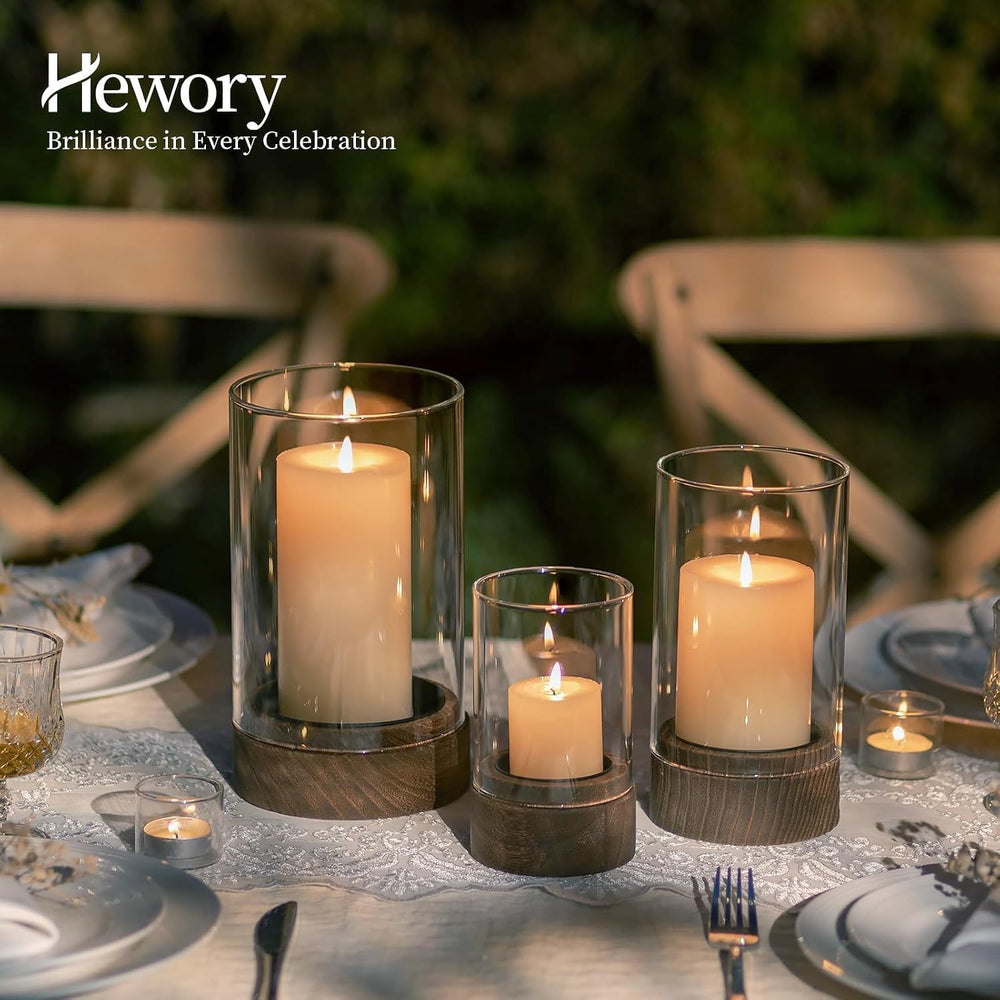 Hewory Hurricane Glass Candle Holders: 3PCS Wooden Brown Candle Holders