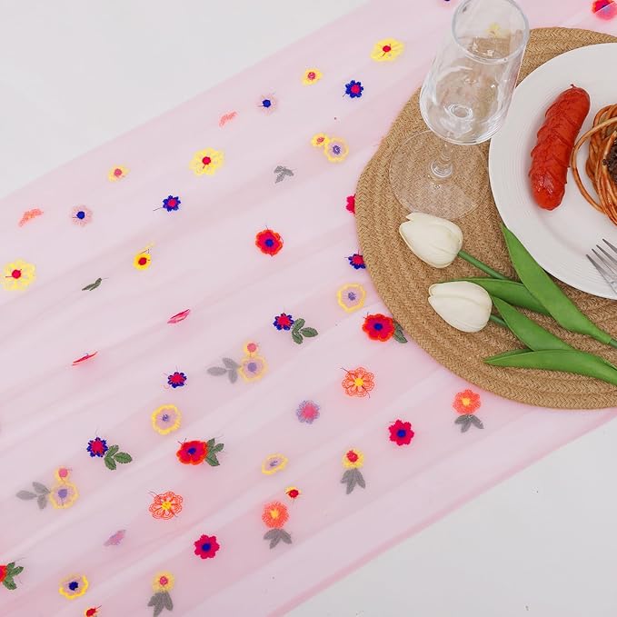 BINBE 3pcs Pink Daisy Fall Table Runner Embroidery Gauze 10FT Florals Seasonal Tulle Holiday Birthday Kitchen Dining Table Decor for Home Party