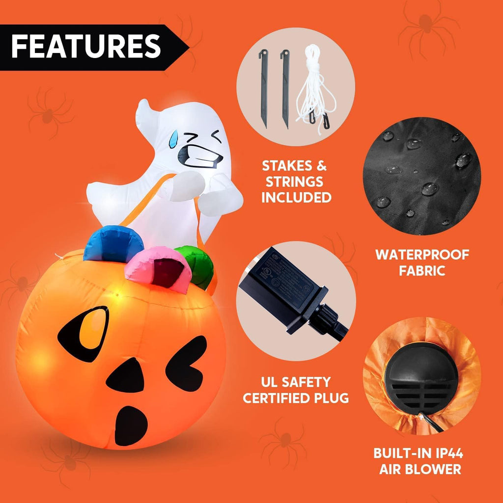 Joiedomi 5 FT Tall Halloween Inflatables Outdoor Decorations, Inflatable Cute Ghost Halloween Decor Outdoor, Blow Up Ghost Lift Pumpkin Candy Bag with Build-in LEDs for Yard Decorations