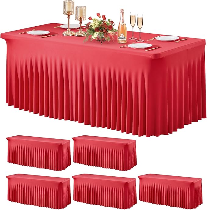 Wish Care 6 Pack Red Spandex Table Clothes for 8 Foot Rectangle Tables, 8FT Wrinkle Free Fitted Tablecloths Ruffles Design Table Cover for Party, Banquet, Wedding and Events