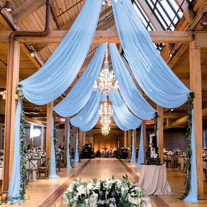 MODFUNS Wedding Drapes Ceiling Decorations Baby Blue Wedding Arch Drapes 5FTx20FT 2 Panels Chiffon Sheer Ceiling Curtain Tulle Curtain for Party Sheer Arbor Drapery Canpoy Tent Ceiling Backdrop