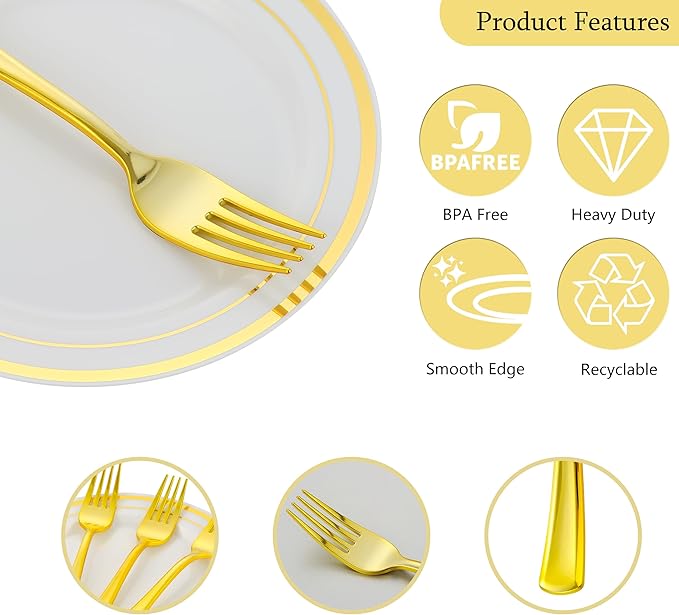 200pcs Gold Dessert Plates with Forks for 100 Guests-100pcs 7.5" Small Plastic Dessert Plates and 100pcs 7.4" Forks-Disposable Cake/Appetizer/Salad Plate for Wedding/Birthday/Party