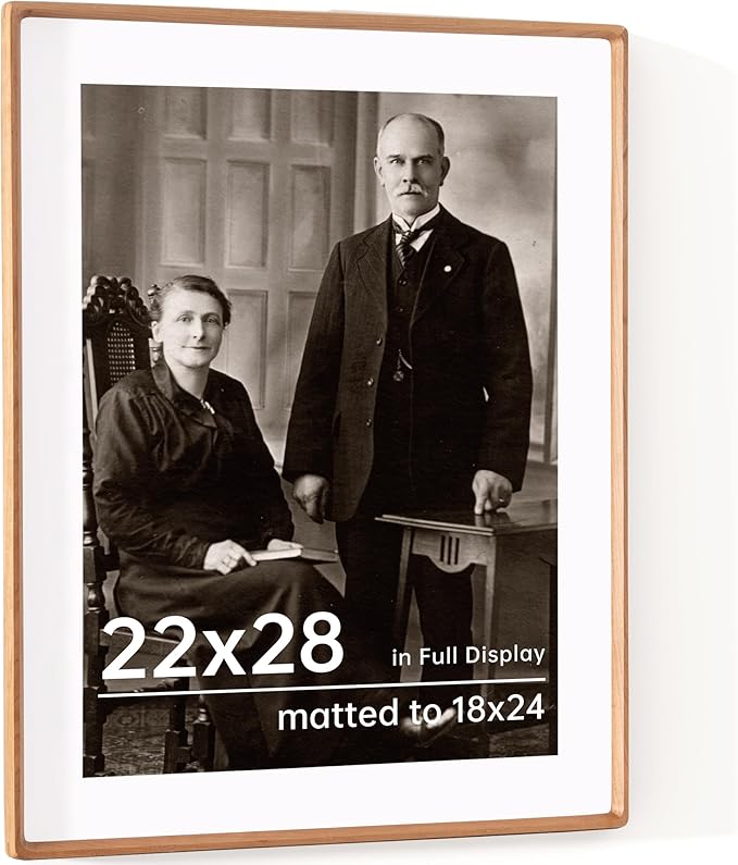 22x28 Picture Frame USA-Sourced Natural Cherry Wood Solid Original Wood Photo Frame Rounded Corner with Mat to 18x24 Picture Display with Real Glass Family Picture, Wedding Picture, Photo, Certificate