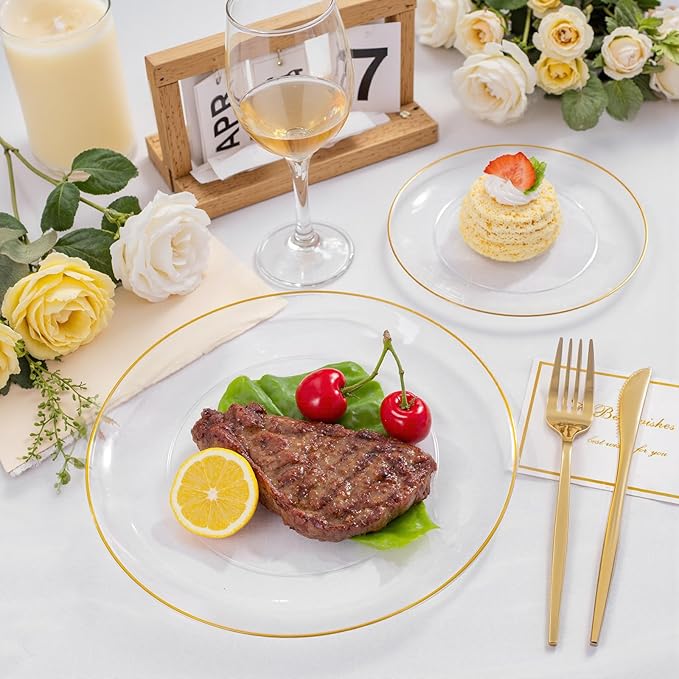 bUCLA 200PCS Clear and Gold Plastic Plates - Clear Disposable Plates with Gold Rim, Includes 100 PCS 10 inch Dinner Plates and 100 PCS 7 inch Dessert Plates for Party&Wedding