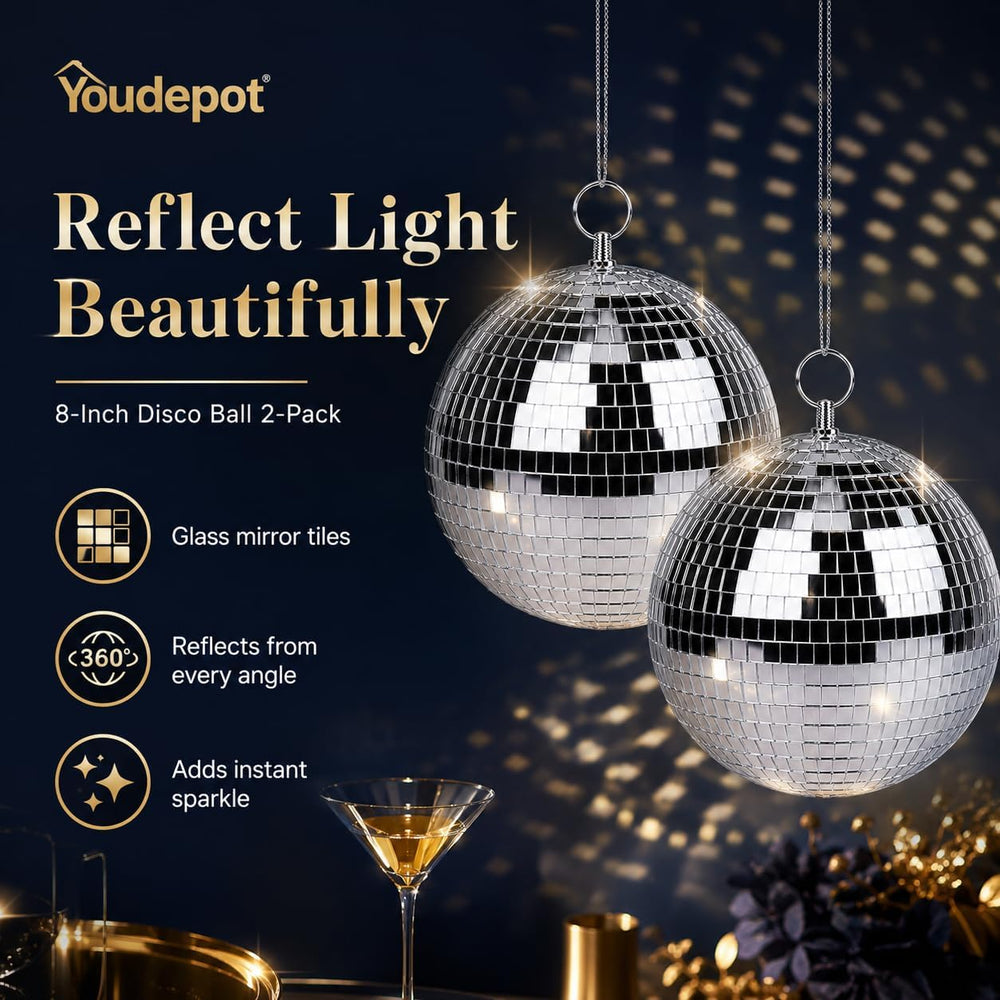 Youdepot 8-Inch Silver Disco Ball Mirror Ball 2-Pack