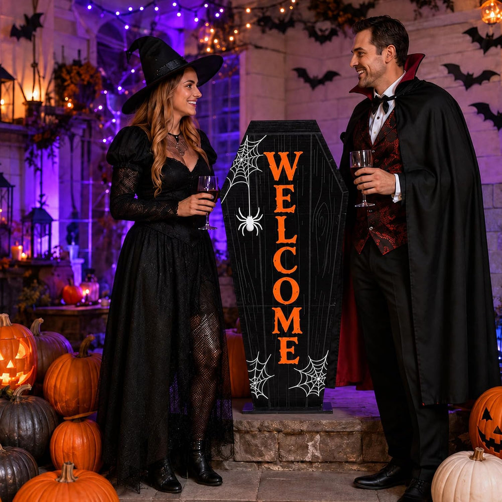 2.95FT Wooden Halloween Coffin Welcome Porch Sign for Front Door