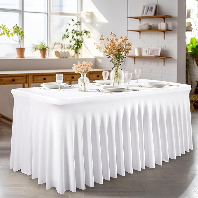 Wish Care 6 Pack White Spandex Table Clothes for 6 Foot Rectangle Tables, 6FT Wrinkle Free Fitted Tablecloths Ruffles Design Table Cover for Party, Banquet, Wedding and Events