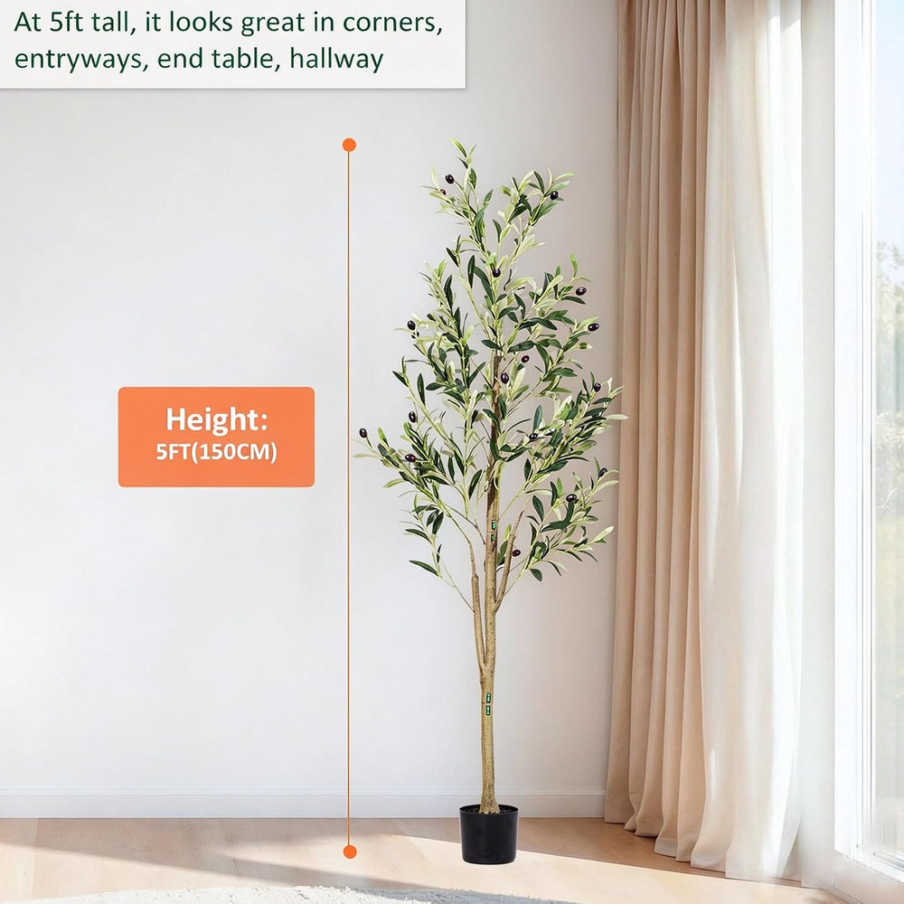 5ft Artificial Olive Trees Indoor, Faux Olive Tree with Natural Wood