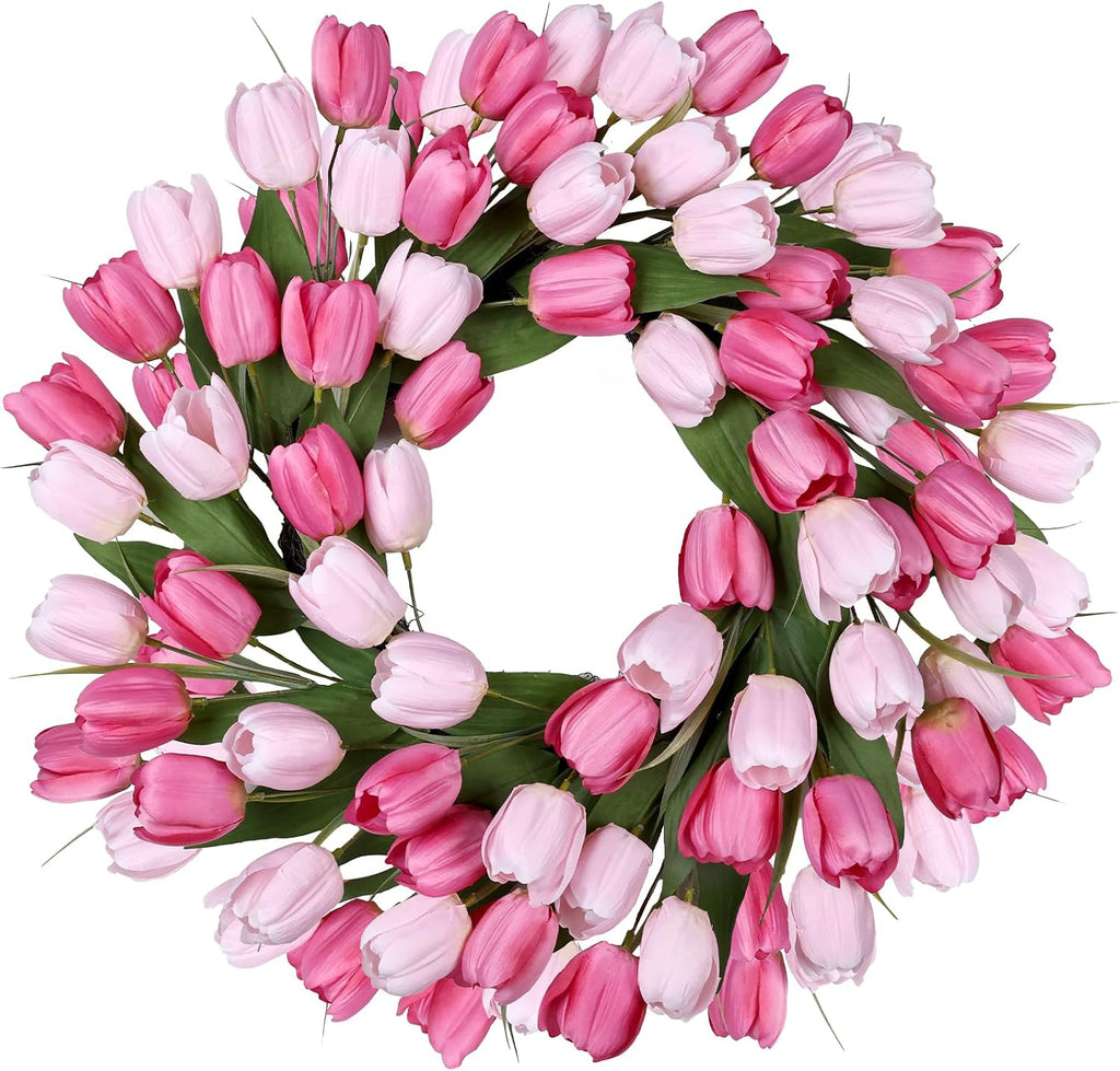 24 Inch Tulip Summer Wreath for Front Door Spring Silk Wreath with Green Leaves Artificial Tulip Flower Wreaths for All Seasons Farmhouse Porch Wall Living Room Home Widding Decor