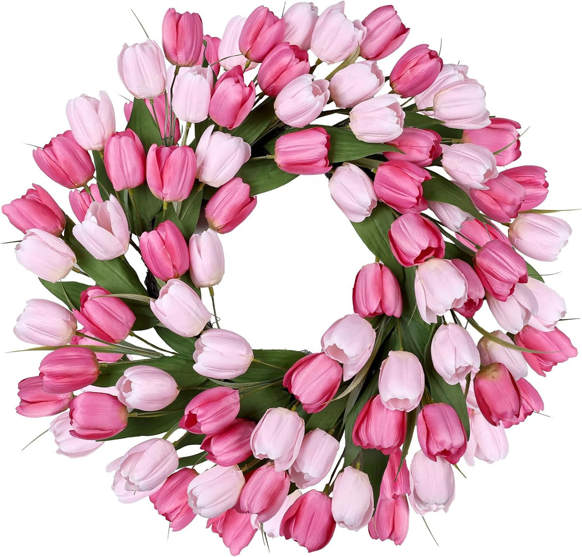 24 Inch Tulip Summer Wreath for Front Door Spring Silk Wreath with Green Leaves Artificial Tulip Flower Wreaths for All Seasons Farmhouse Porch Wall Living Room Home Widding Decor
