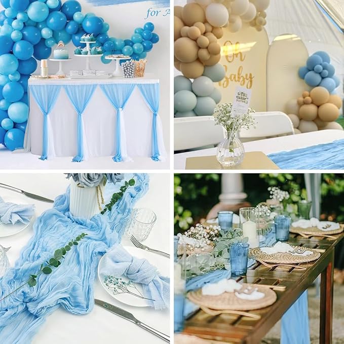 10 Pack Baby Blue Cheesecloth Table Runner -21*120Inch Long Boho Wedding Table Decor, Rustic Gauze Fabric Runner for Bridal Showers, Baby Showers & Parties (Sheer, Lightweight, Wrinkled Design)