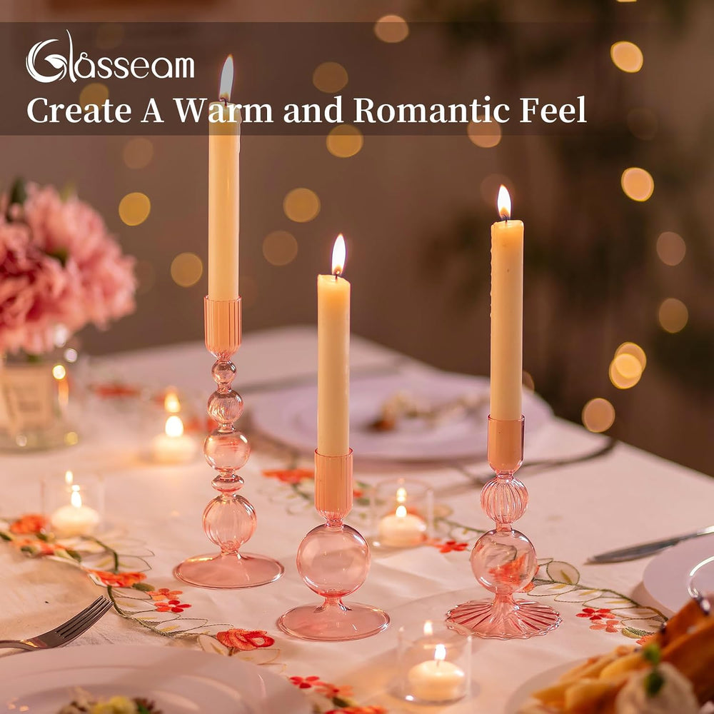 Glasseam Pink Glass Candlestick Holder: Unique Taper for Table Centerpiece