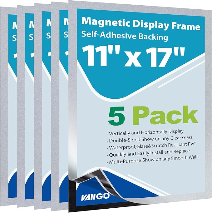 5Packs Magnetic Sign Holder, 11x17 Self Adhesive Display Frame With Strong Magnetic Frame and Clear PVC for Office, Store, Home, Door, Window, Refrige Paper Holder, Silver