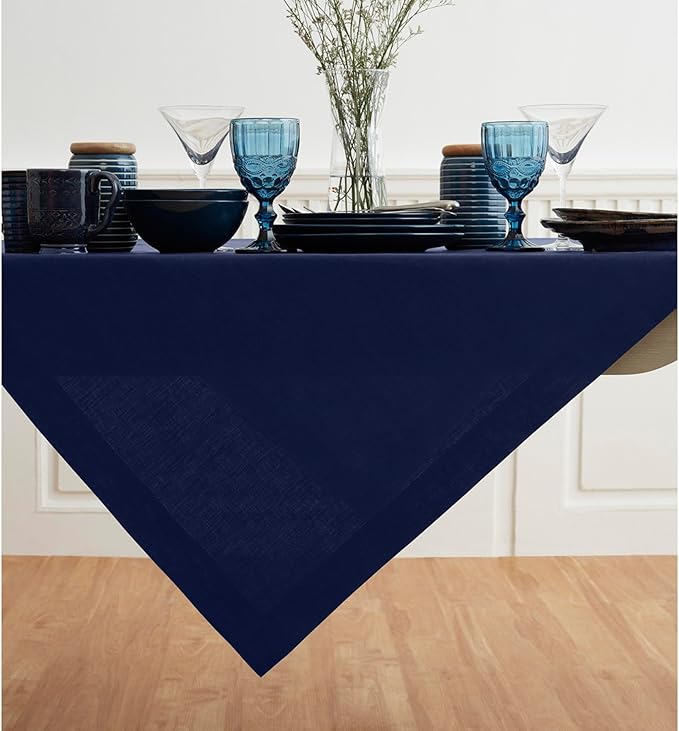 Solino Home Navy Blue Linen Tablecloth 52 x 52 Inch - 100% Pure Linen Square Table Throw - Fete, Machine Washable Table Cloth for Fall, Autumn, Thanksgiving, Christmas, Holiday