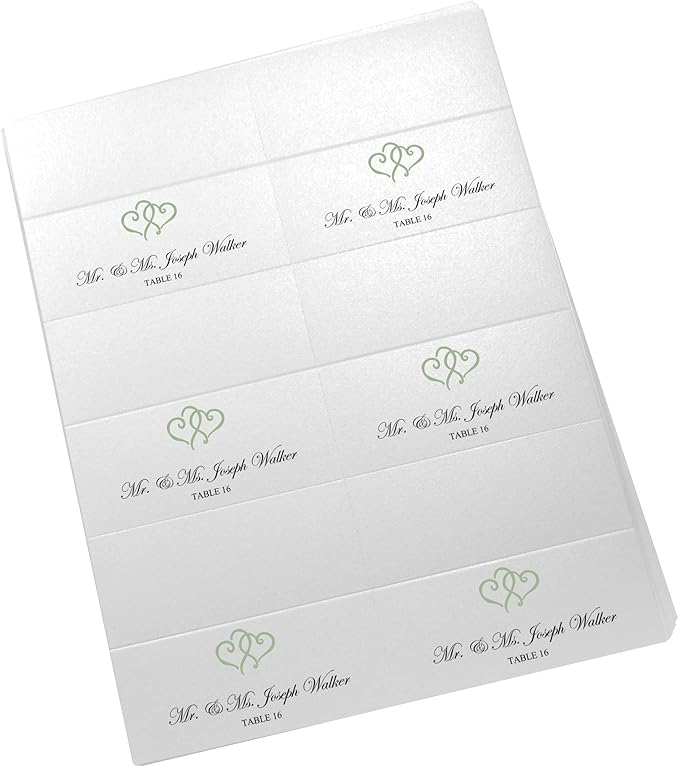 Linked Hearts Printable Place Cards, Sage (Choose Color), Set of 150 (25 Sheets), Laser & Inkjet Printers - Wedding, Party, Dinner, and Special Events - Made in the USA