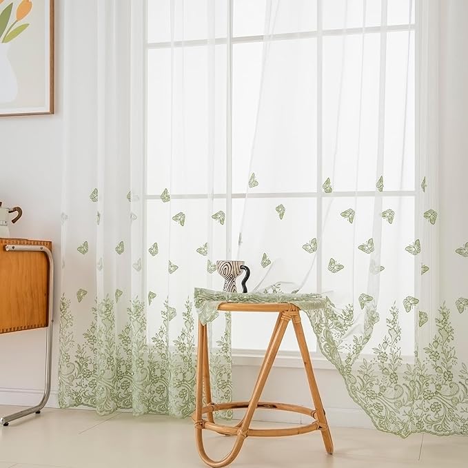 VISIONTEX White Sheer Voile Curtains, Decorative Green Embossed Butterflies Rod Pocket Window Drapes for Home Kitchen, Living Room and Bedroom 54 x 84 Inch, Set of 2 Curtain Panels