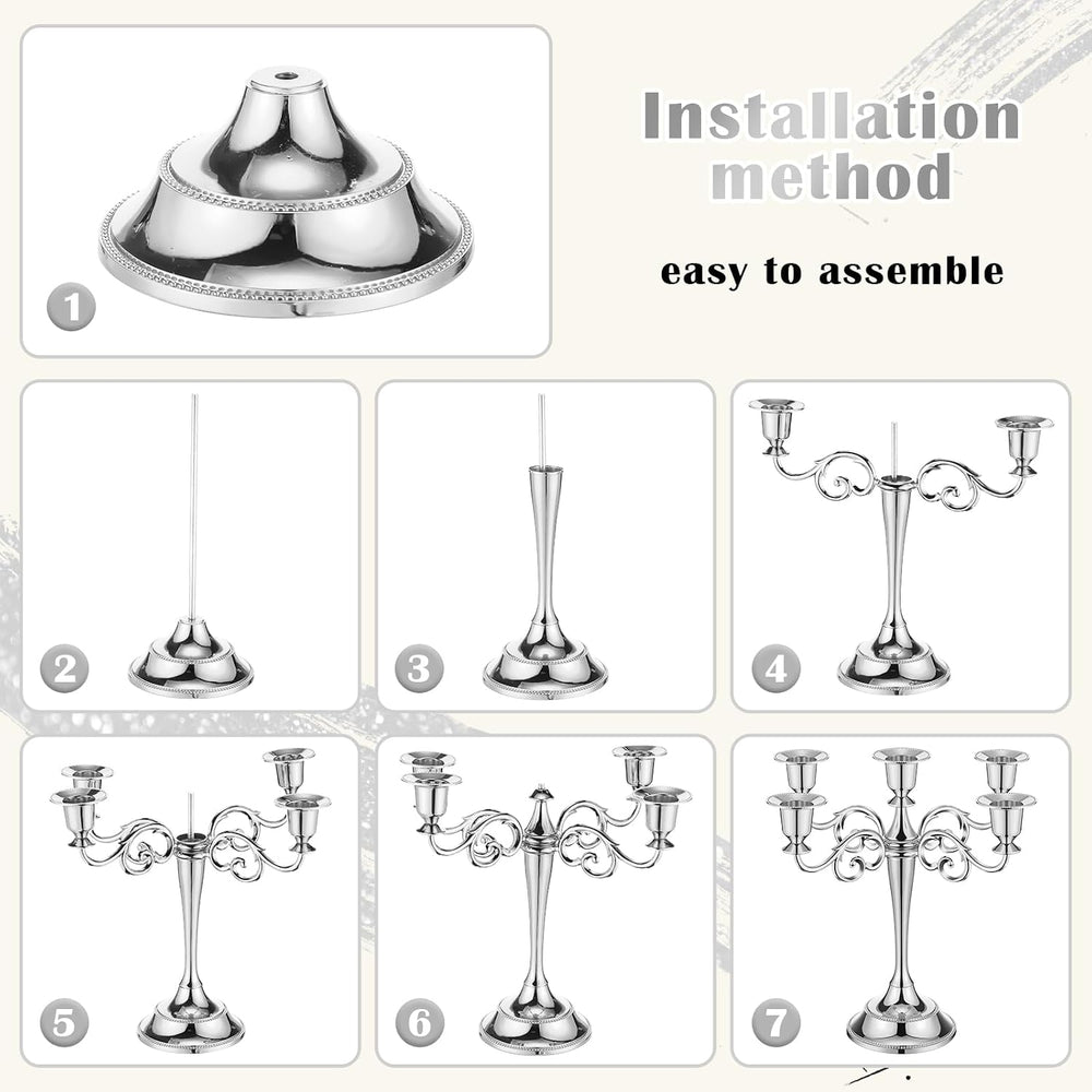 Dandat 3 Pcs 5 Arm Metal Candelabra Tall Holders, Silver, Classic