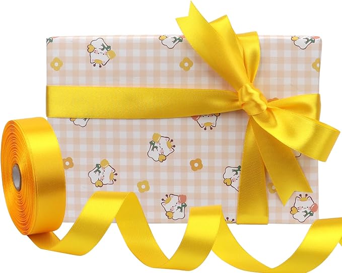 Yellow Solid Satin Ribbon 1 Inch 50 Yards Solid Polyester Fabric Ribbon for Gift Wrapping Wedding Christmas Baby Shower Birthday Party Decoration Handmade Immortal Flower Craft