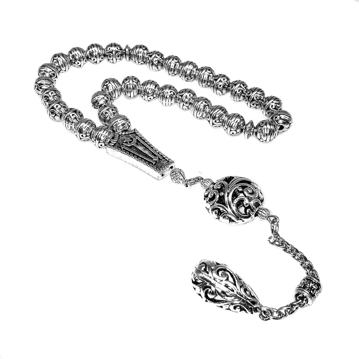 -Antique Silver Plated Collection-Worry Beads-Prayer Beads-Tesbih-Tasbih-Tasbeeh-Misbaha-Masbaha-Subha-Sebha-Sibha (Antique Silver Plated with Drop Tassel -8mm 33 Beads-)