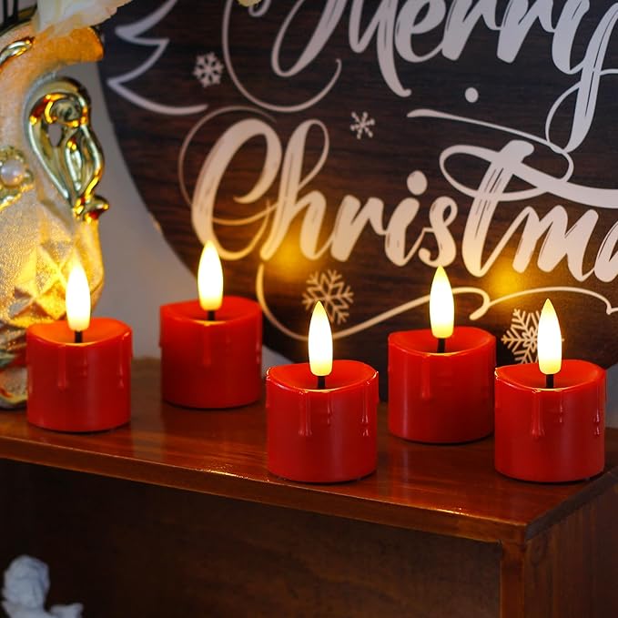 Rechargeable Flameless 1.6" x2.5" Tea Light Candles with Remote & Type-C Charging Cable, Timer LED Flickering Burgundy Plastic 9pcs Mini Dripping Wax Votive Tealight Candles