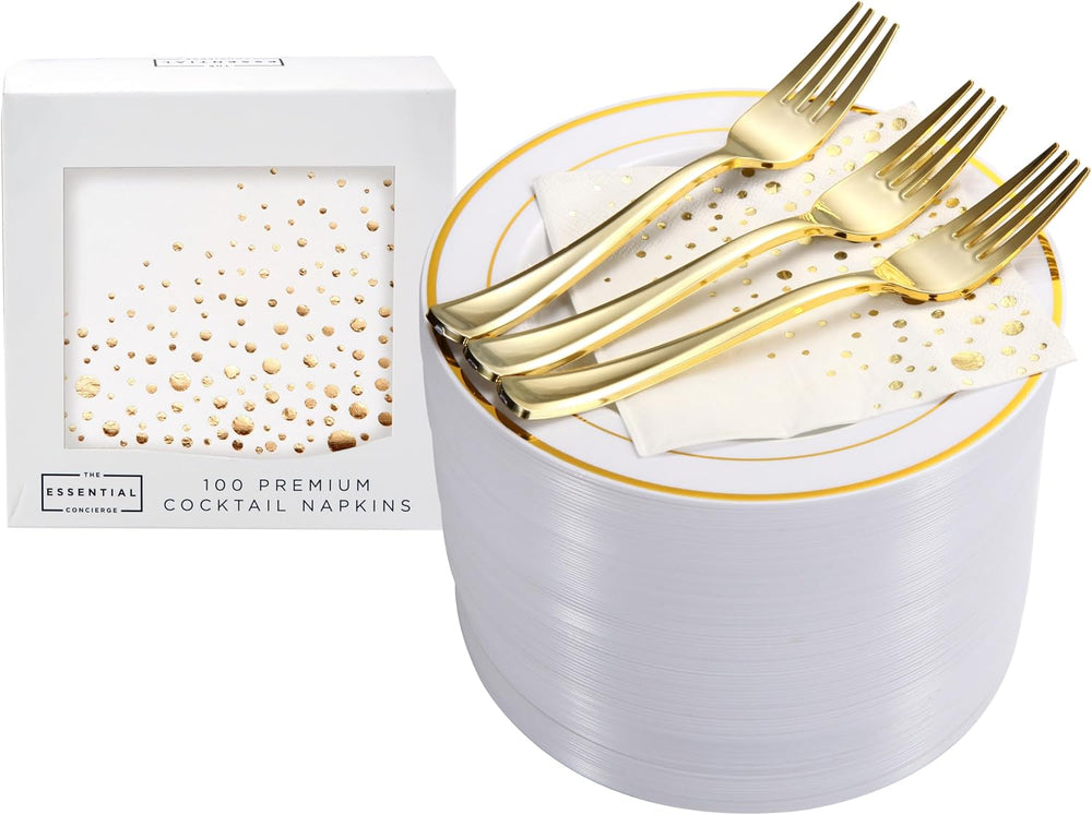 Gold Dessert Plates Set, 100 Wedding Cake Plates, Forks and Napkins, 7.5 In