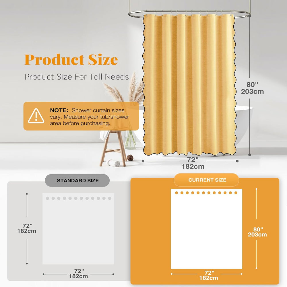 Boho Scalloped Linen Textured Cloth Shower Curtain Set, Gold, 72x80