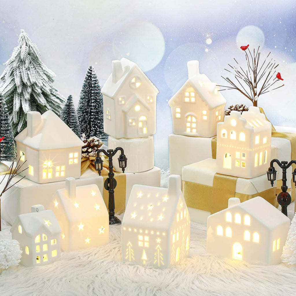 Cindeer 26 Pcs Ceramic Christmas Village Set LED Lighted White,Classic