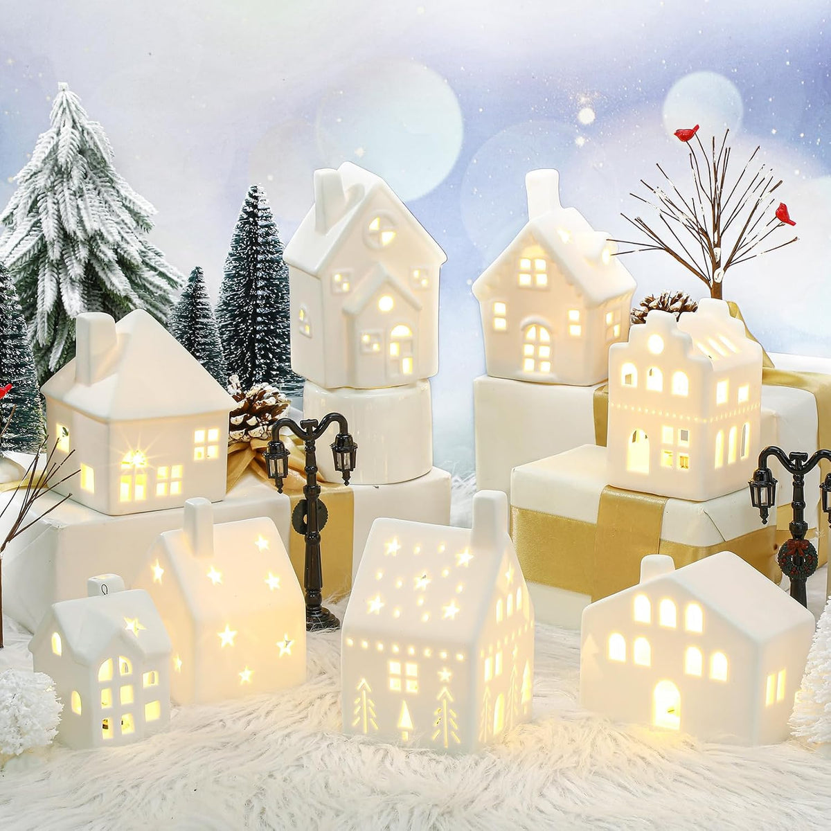 Cindeer 26 Pcs Ceramic Christmas Village Set LED Lighted White,Classic