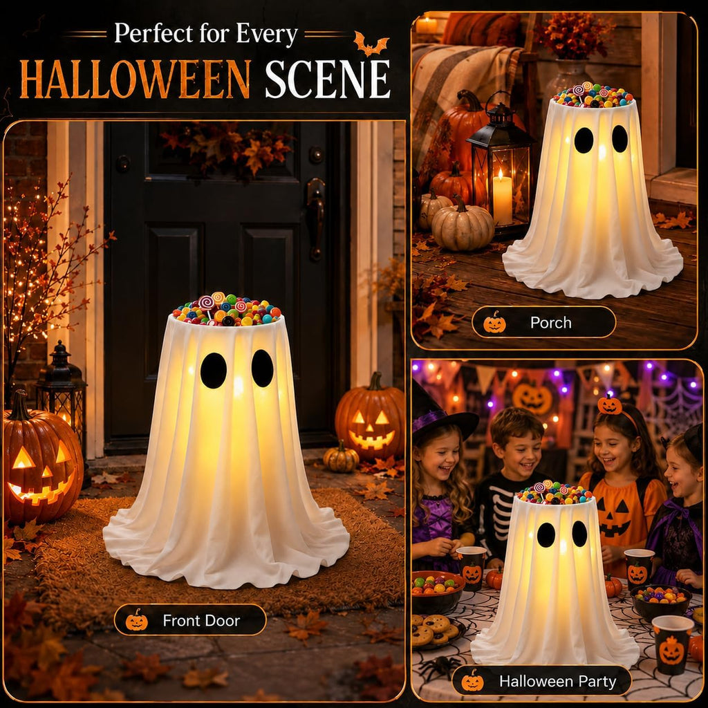 Halloween Cute Ghost Candy Holder with LED Lights for Front Door Outdoor