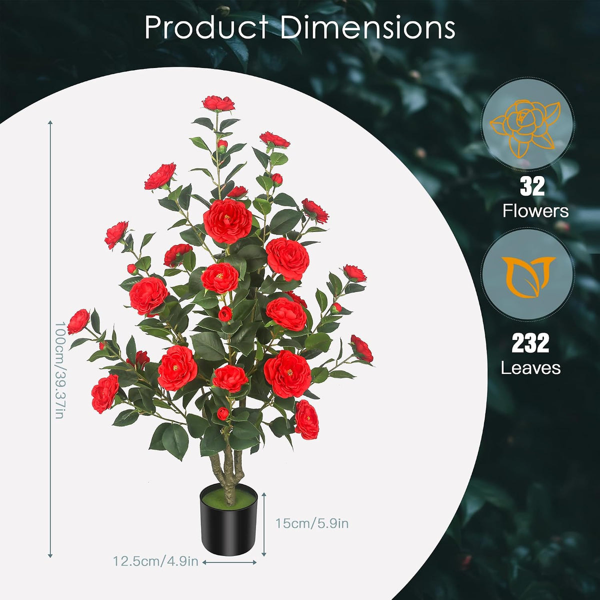 3.5ft artificial camellia trees with 32 flowers in showing dimensions
