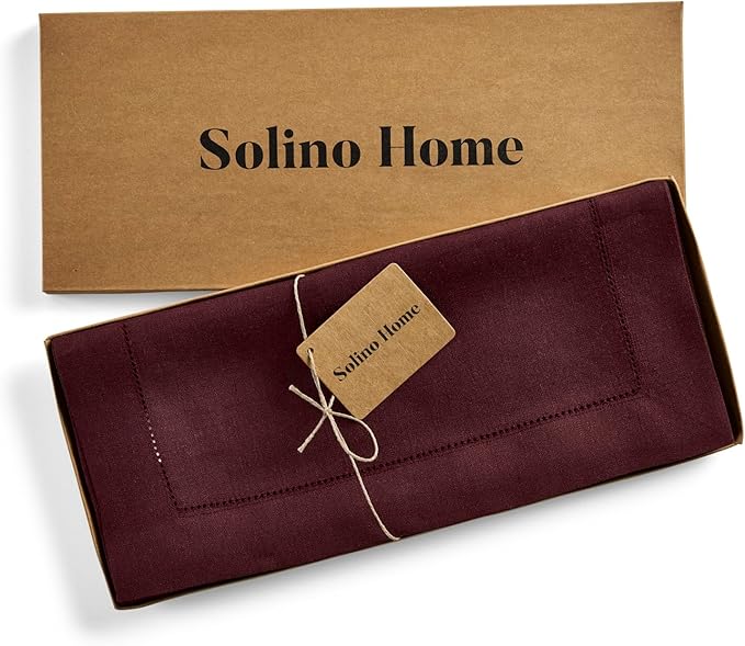 Solino Home Linen Burgundy Table Runner 108 Inches Long - 100% Pure Linen 14 x 108 Inch Table Runner for Fall, Autumn, Thanksgiving, Christmas - Classic Hemstitch