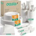 350PCS Disposable Paper Dinnerware Set for 50 Guests, Compostable 50 Dessert Plates, 50 9 inch Plates, 50 Cups, 50 Spoons, 50 Forks, 50 Knives and 50 Napkins, Perfect for Parties(White)