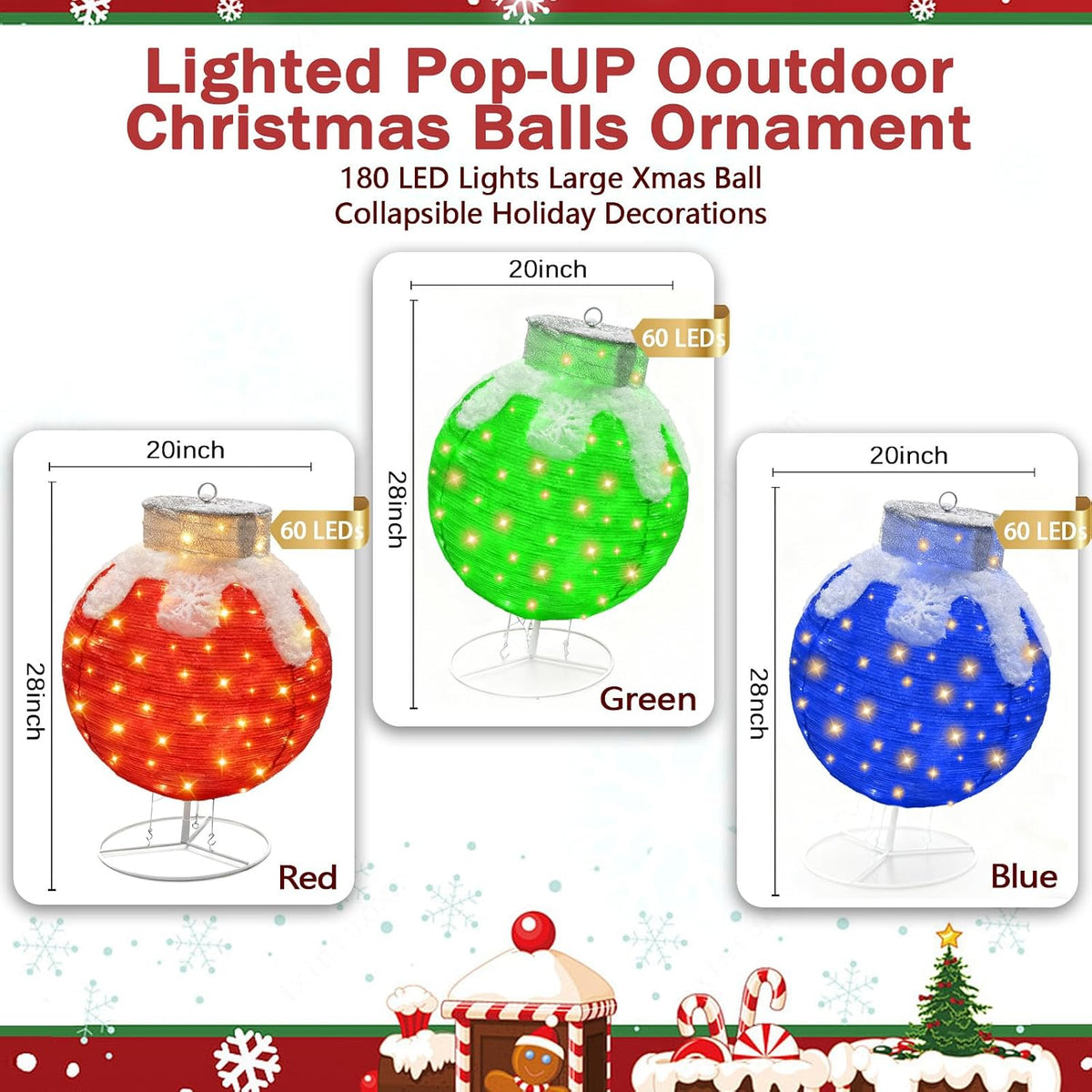 christmas ball lighted, 3pc set holiday balls with shown in use