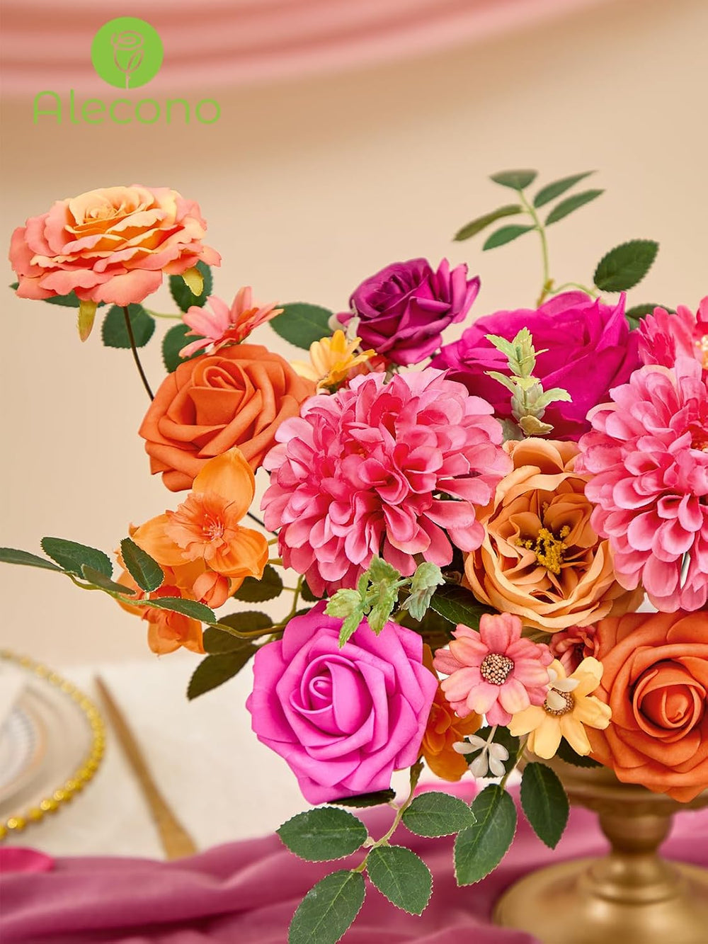 Alecono Orange and Hot Pink Artificial Flowers, Silk Fake Floral Set