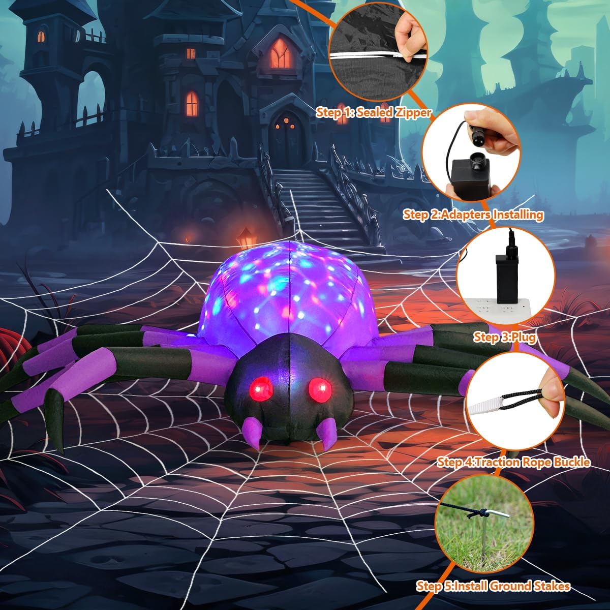 comin 9ft halloween inflatables decorations purple spider yard, close-up detail