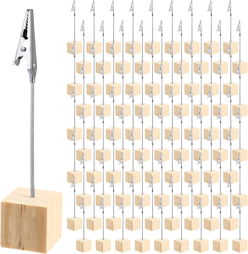 100 Pcs Cube Base Memo Clip Holder with Alligator Clip, Natural Wood Color