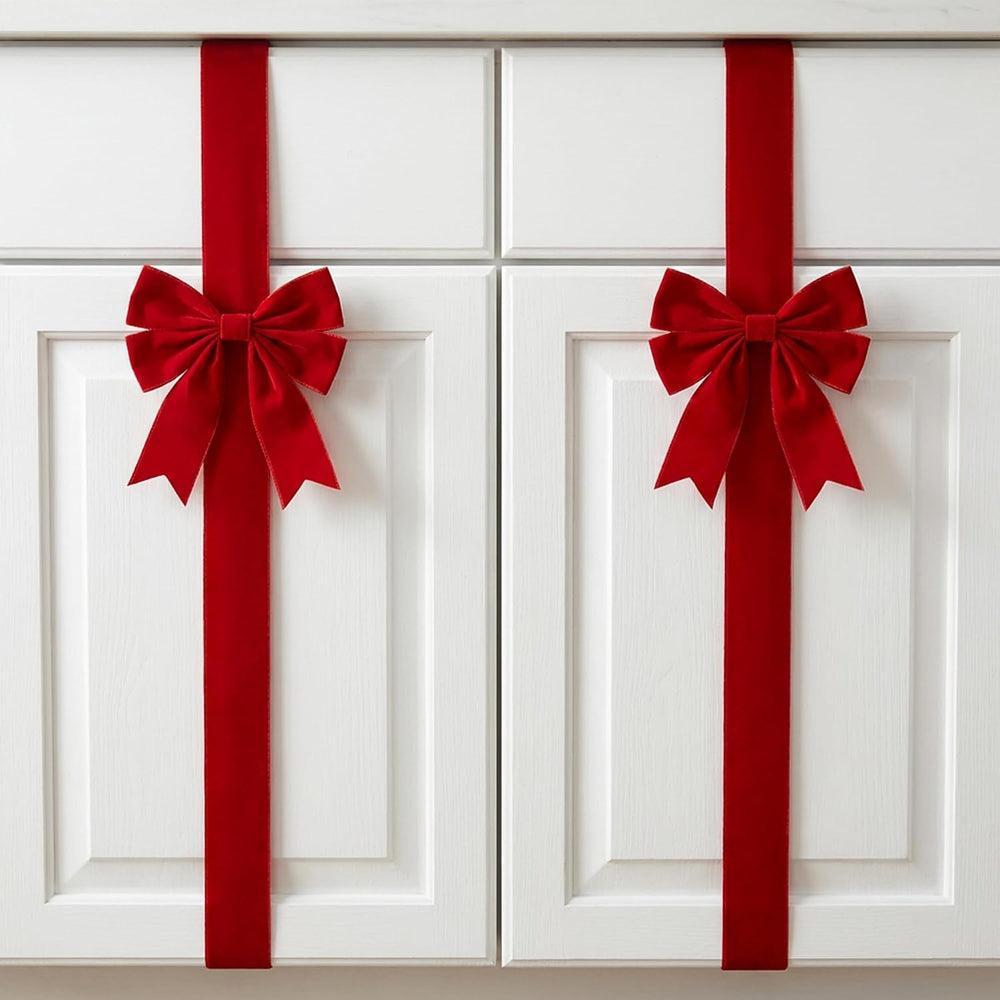9 Pcs Christmas Cabinet Red Velvet Bow, Adjustable Kitchen Red Ribbon Decor
