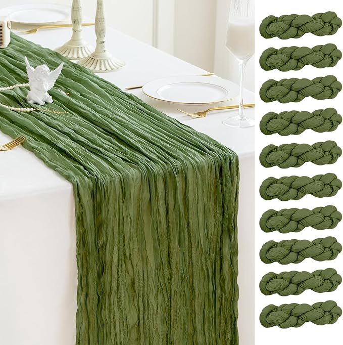 Sioloc 10 Pack Moss Green Cheesecloth Table Runner Fall Autumn Decor for Home 10ft Table Cloth for Tea Wedding Birthday Party Baby Bridal Shower Halloween Thanksgiving