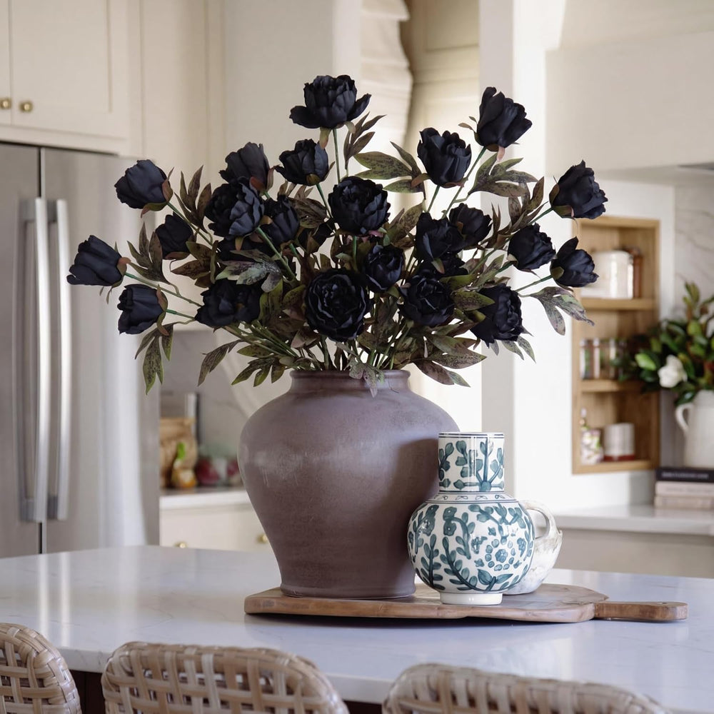Vintage Peony Artificial Flower Faux Silk Stem, 8 Pcs, Black