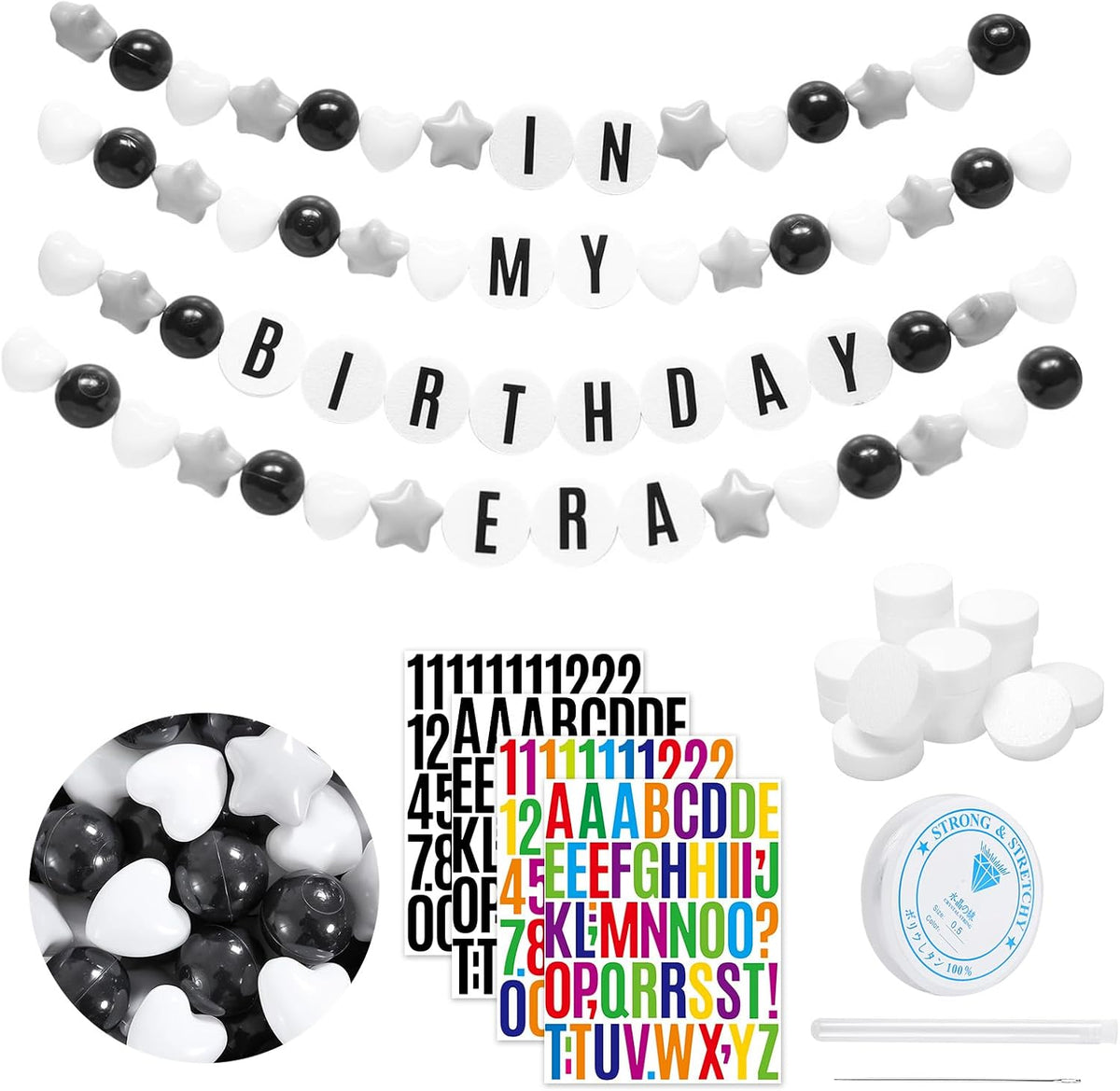 DIY Giant Friendship Bracelet Birthday Garland Kit with Letters Ball Customizable Banner for Christmas Wedding Kpop New Year Party Decorations Ball Plastic Balls Stars DIY Supplies(Black/Gray/White)