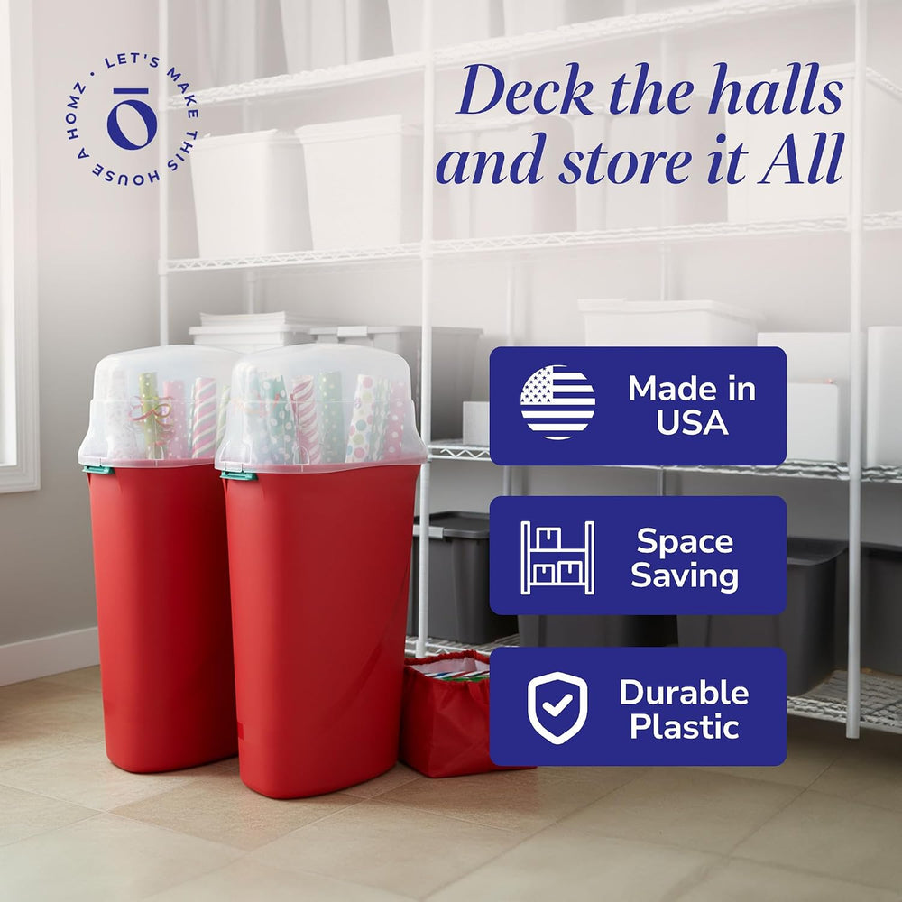 HOMZ Seasonal Holiday Gift Wrap Organizer, Red & Clear, 2-Pack