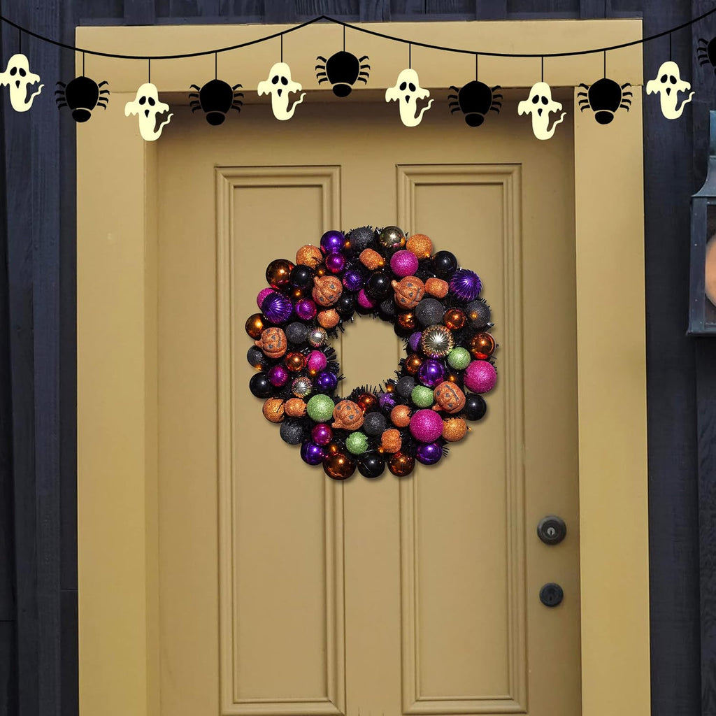 18 Inch Halloween Ball Wreath with Lights and Pumpkin Ornaments