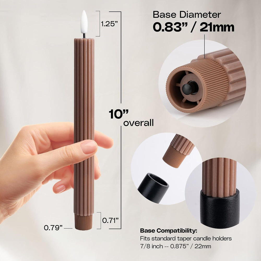 6 Pack, 10" LED Flameless Real Wax Brown Tan Fluted Ribbed Grooved Taper...