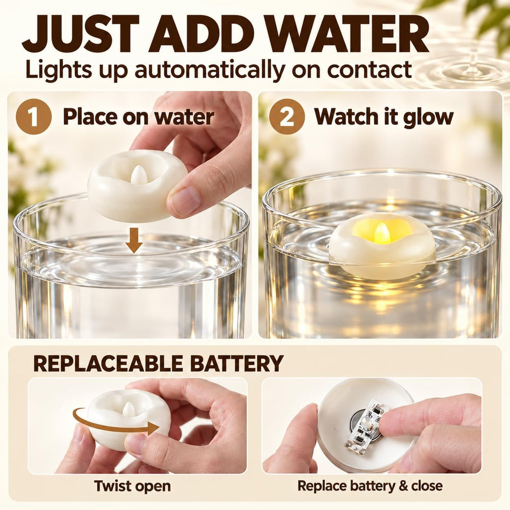 36 x 2”Floating Candle, 200 Hour Water Activated Warm White Battery Powered F...