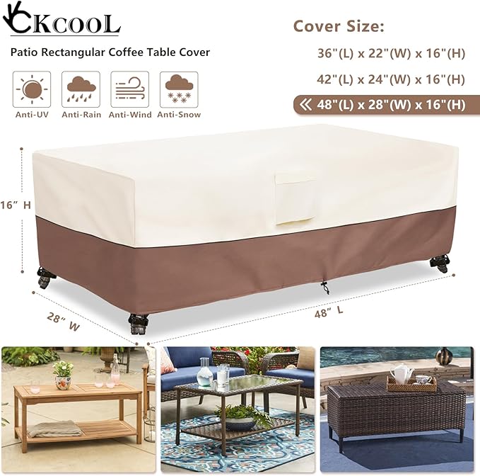 okcool Outdoor Coffee Table Cover,Waterproof Rectangular Patio Small Side Table Cover,48 x 28 x 16 inch, Outdoor Table Covers Waterproof Rectangle,Beige & Brown